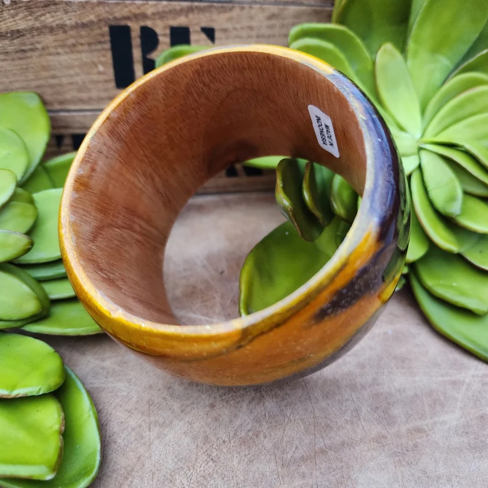 Yellow and Black Marbleized Handcrafted Wood Bangle - New